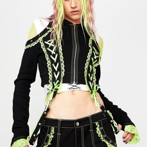 Tripp green lace zip crop hoodie large nwot - Picture 3 of 5